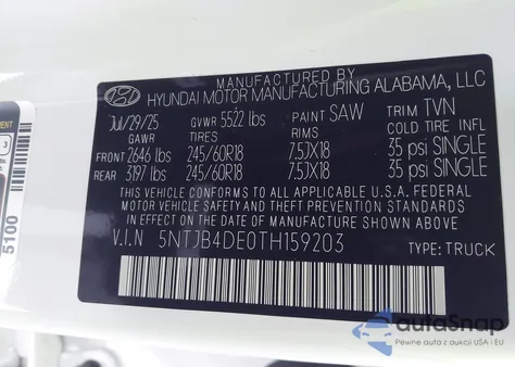 2026 Hyundai Santa Cruz Sel from USA, damaged, VIN 5NTJB4DE0TH159203